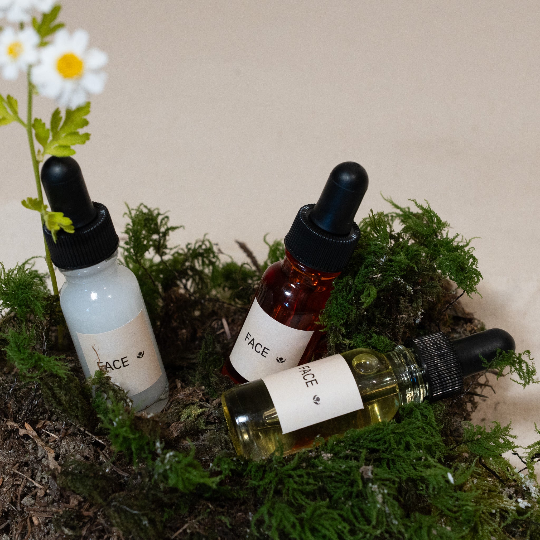 Three dropper bottles labeled 'FACE' on a bed of moss with flowers.