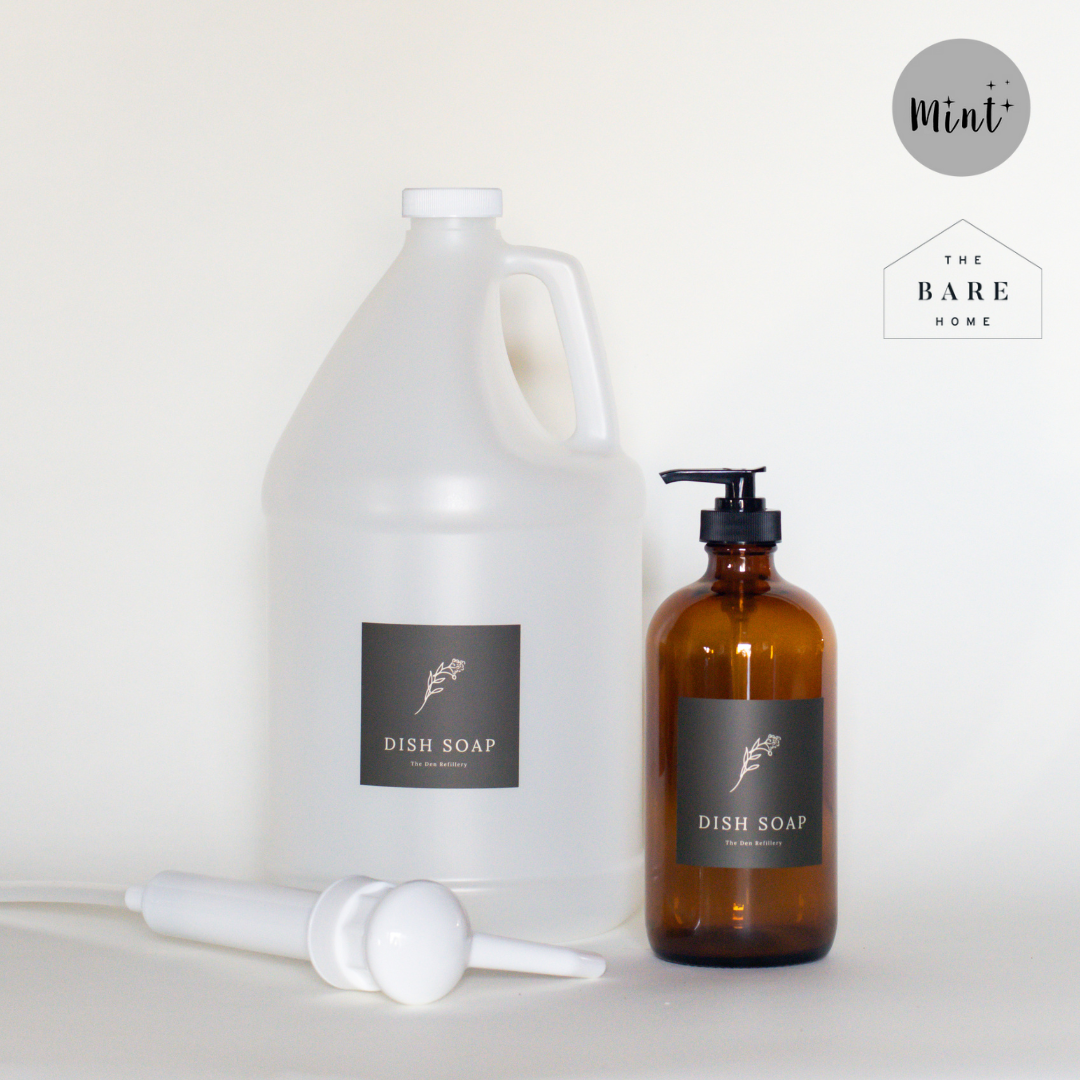 The Den Refillery Dish Soap refill kit with an amber glass bottle