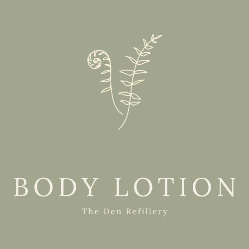 The Den Refillery Body Lotion green label with an illustrated fern