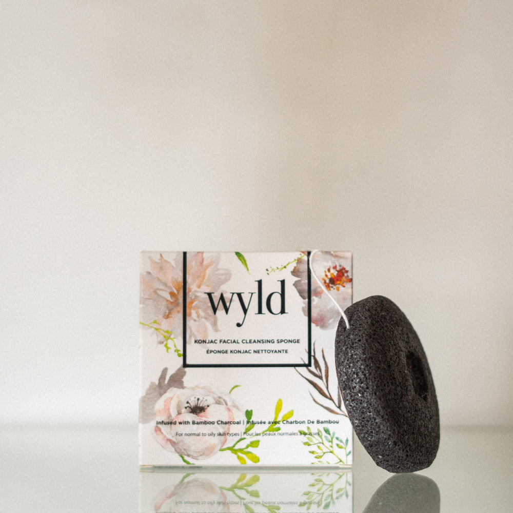 The Charcoal Konjac Sponge resting against it’s packaging