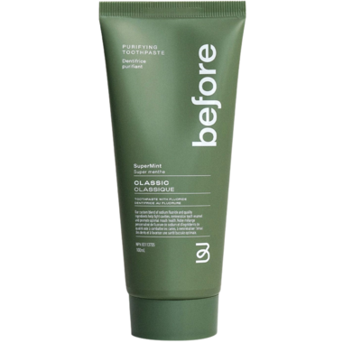 Green tube of toothpaste labeled 'before' on a white background