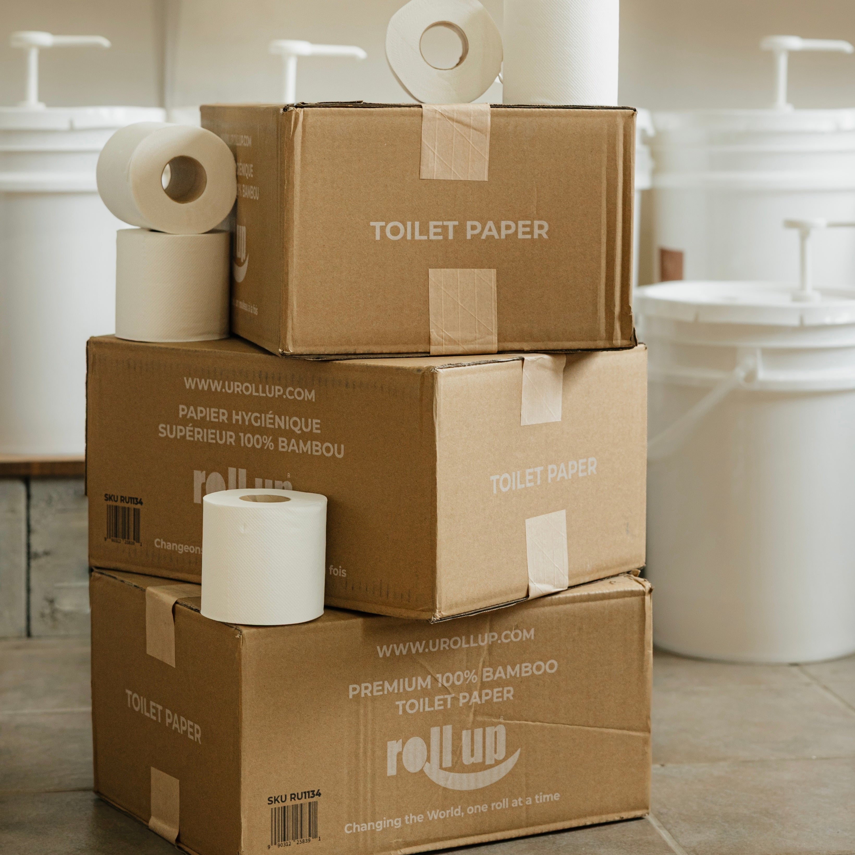 A stack of cardboard boxes labeled 'TOILET PAPER' with individual rolls visible on top, against a backdrop featuring toilet paper rolls and buckets.