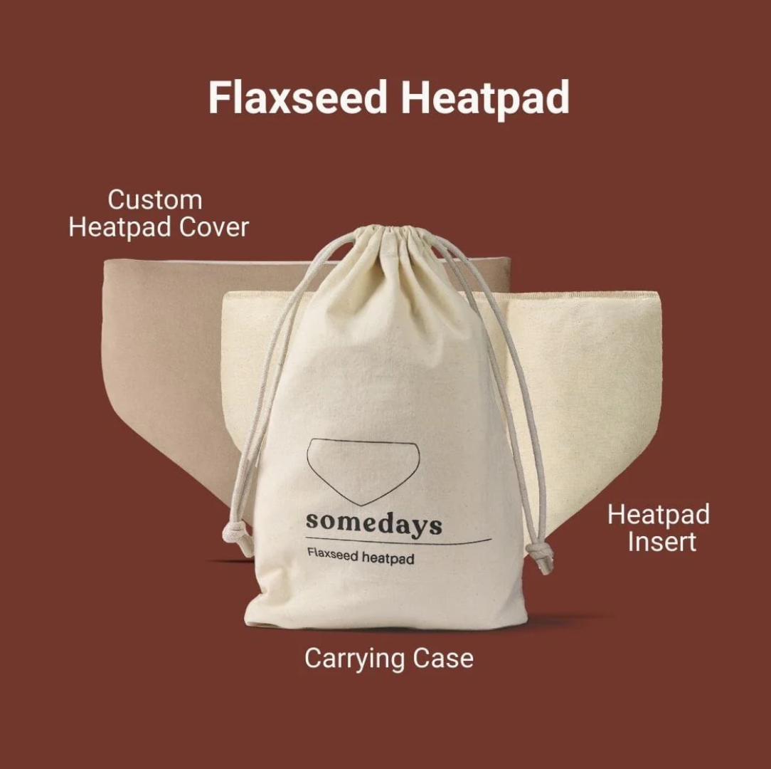 Flaxseed heatpad components including a custom heatpad cover, heatpad insert, and carrying case on a brown background.