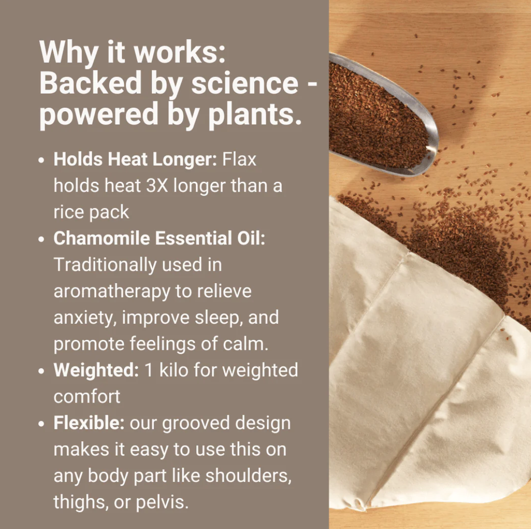 Product packaging with text detailing benefits and features, including flax, chamomile essential oil, and weighted design.