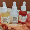 Face oil trio including: Balance and hydrate face oil, Hyaluronic Acid, and Deep repair antioxidant face oil