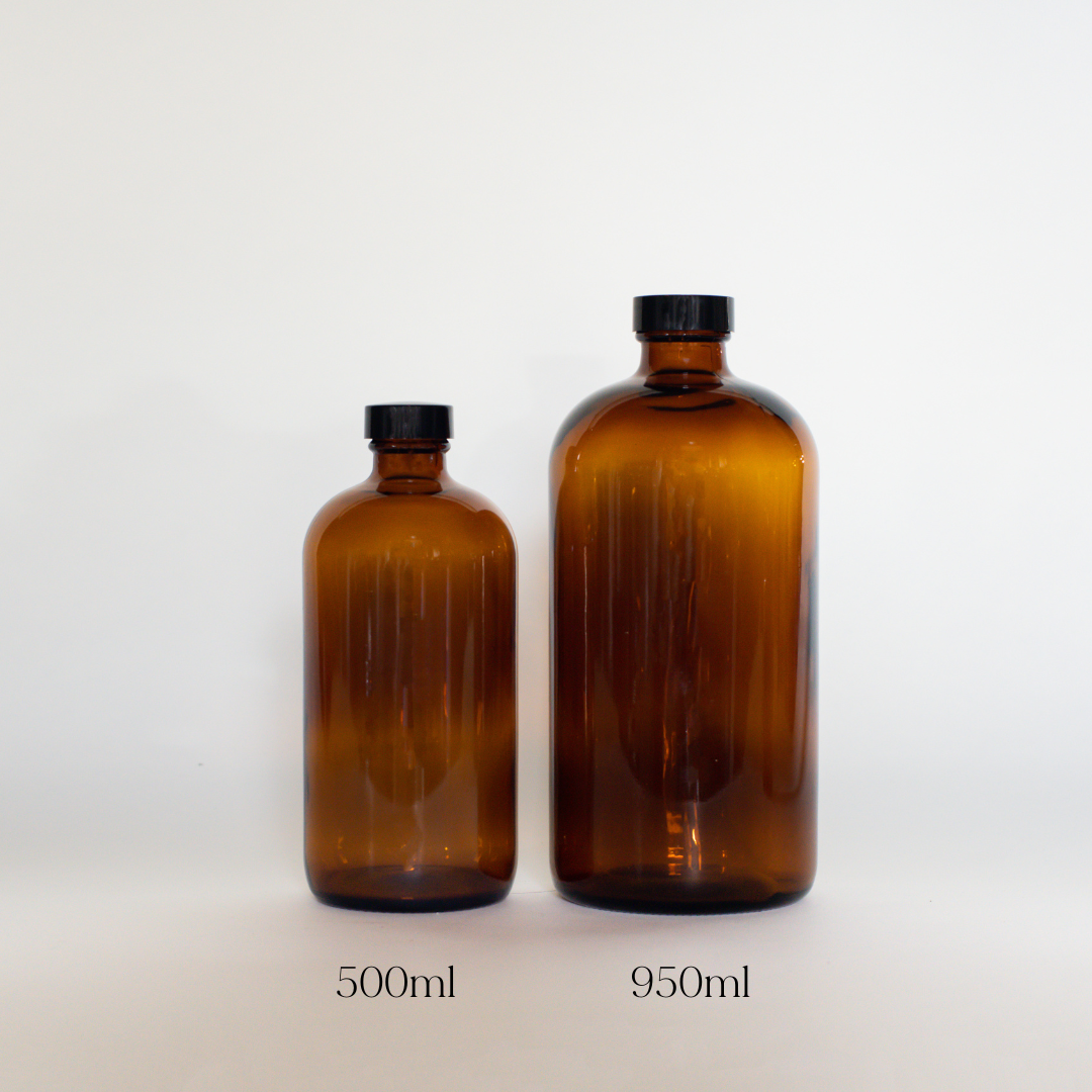 Two amber glass bottles sit with a white background and text below each of them. The first reads, “250ml” and the second “500ml”