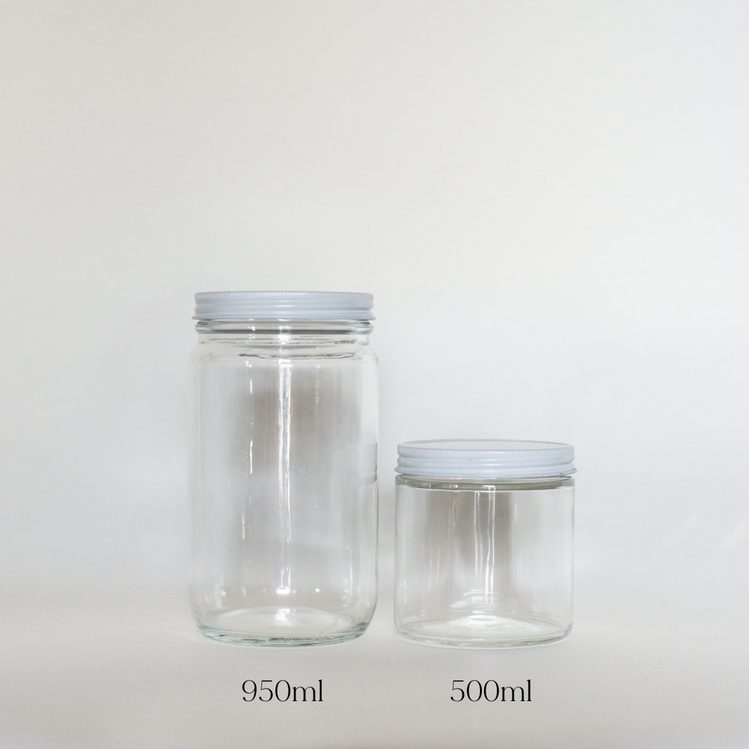950ml and 500ml glass jars with white lids