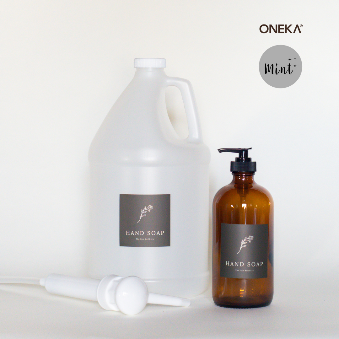 The Den Refillery Hand Soap Kit with an amber glass bottle