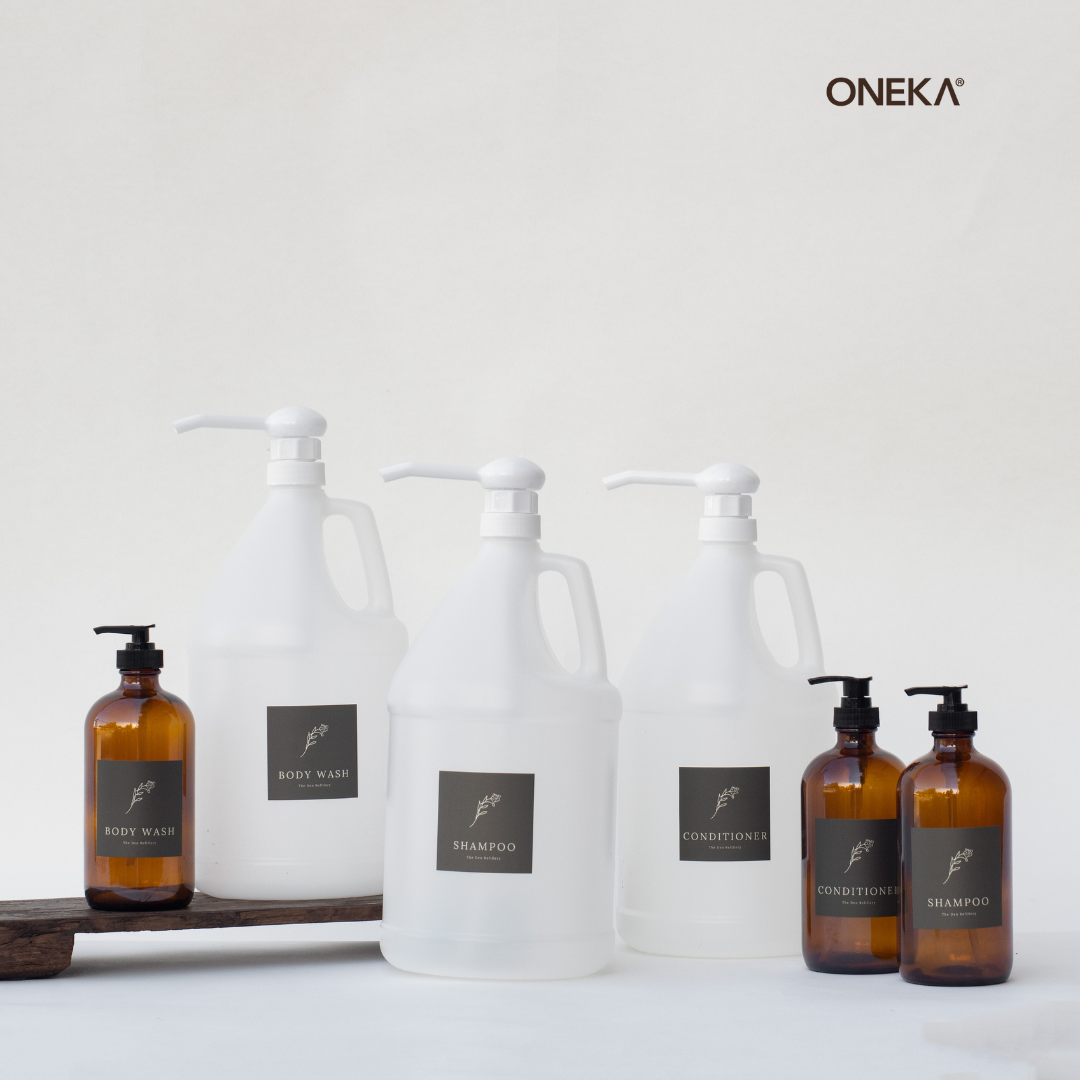 The Den Refillery Bathroom refill kit with amber glass bottles.