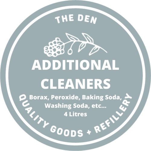 The Den refillery sky blue Cleaners and Sanitizers label that reads, “The Den; Additional Cleaners; Borax, Peroxide, Baking Soda, Washing Sod, etc…. ; Quality Goods.”