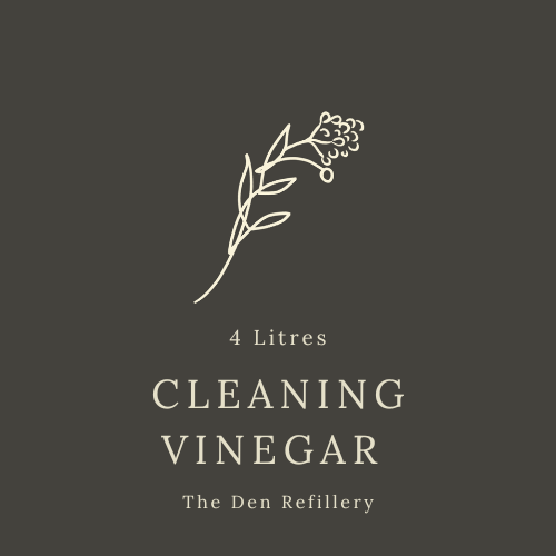 Black label with salad brand and text reading, ‘4 Litres Cleaning Vinegar The Den Refillery.’