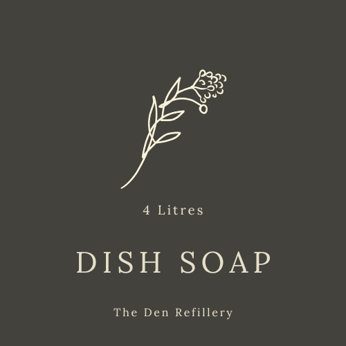 The Den Refillery black dish soap label with an illustrated salal branch and white lettering