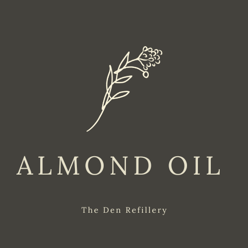 The Den Refillery black almond oil label with an illustrated salal branch.