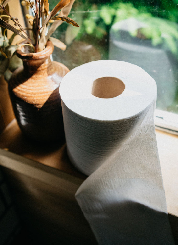 A single roll of Cascades recycled toilet paper sitting on a bathroom ledge in the sun