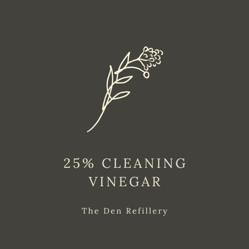 The Den Refillery 25% cleaning vinegar black label with an illustrated salal bush