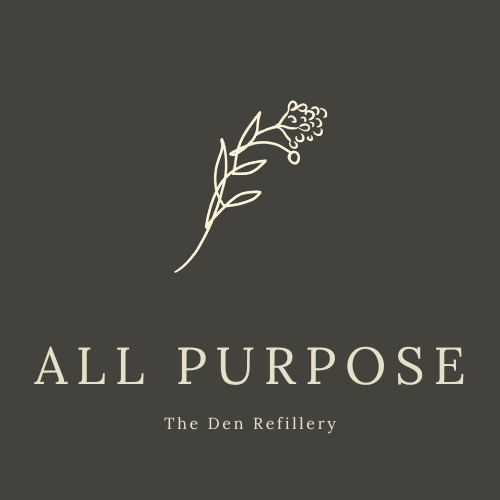 The Den Refillery All Purpose Cleaner black label with an illustrated salal branch.