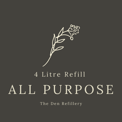 The Den Refillery 4 Litre Refill All Purpose black label with an illustrated salal branch
