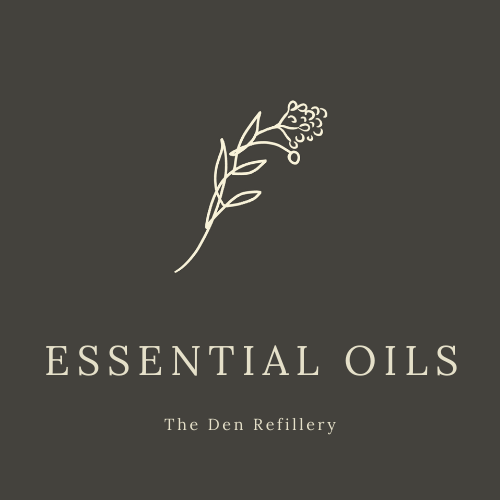 The den Refillery essential oil black label with an illustrated salal branch and white lettering