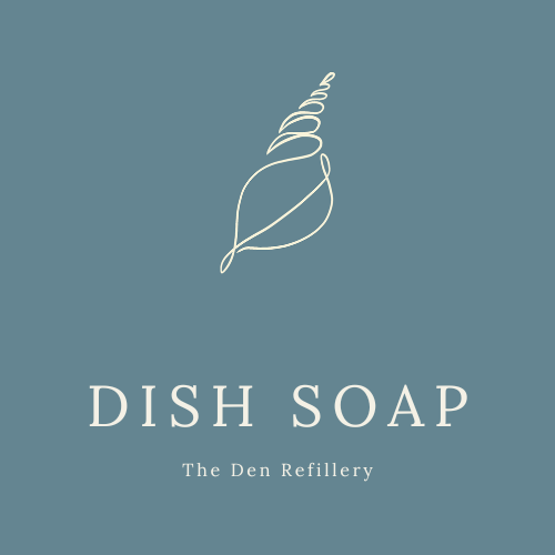 The den Refillery blue dish soap label with an illustrated shell and white lettering