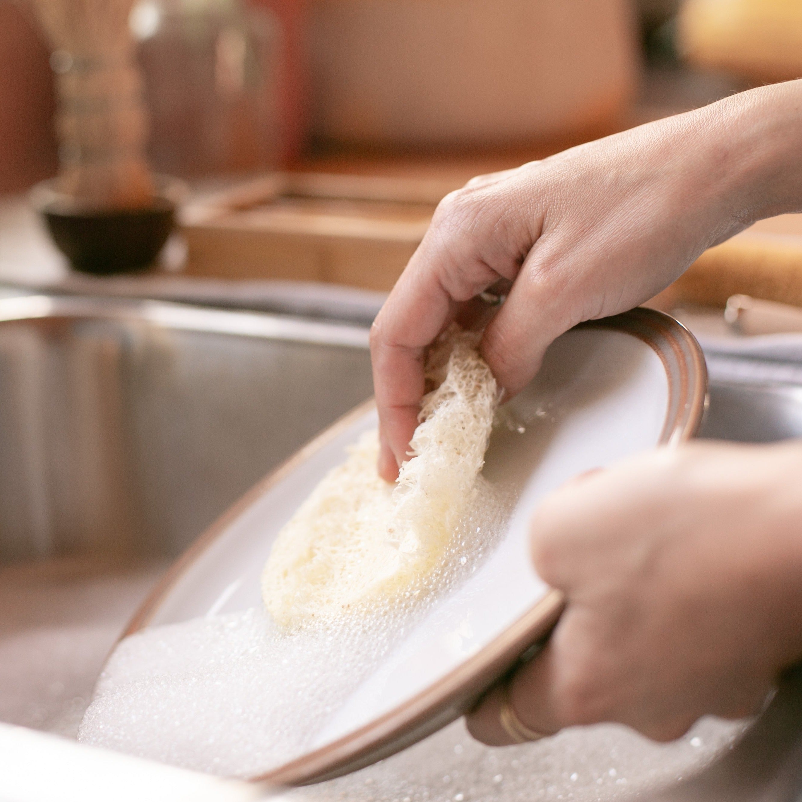 Eco sponge working as a dish washing sponge. It is washing a plate in the sink