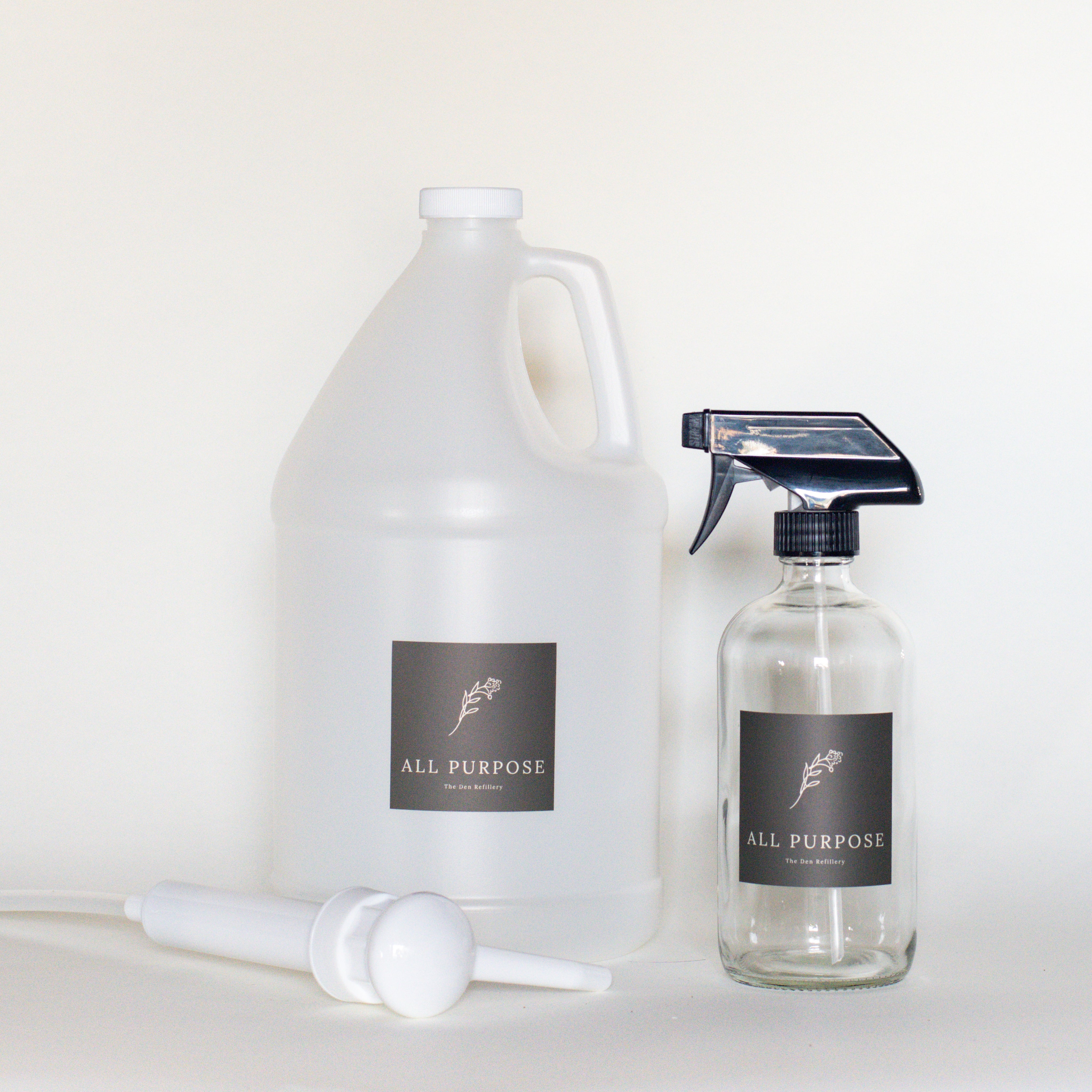 4 Litre All Purpose kit with 4 litre plastic jug, 500ml clear glass spray bottle, and 4 litre pump.