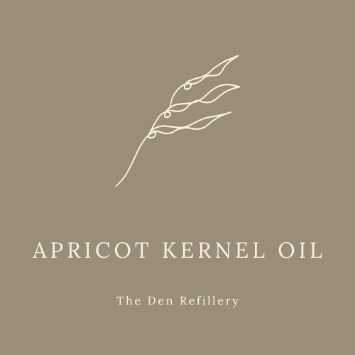 The Den refillery taupe label with illustrated seaweed that reads, “Apricot Kernel Oil”